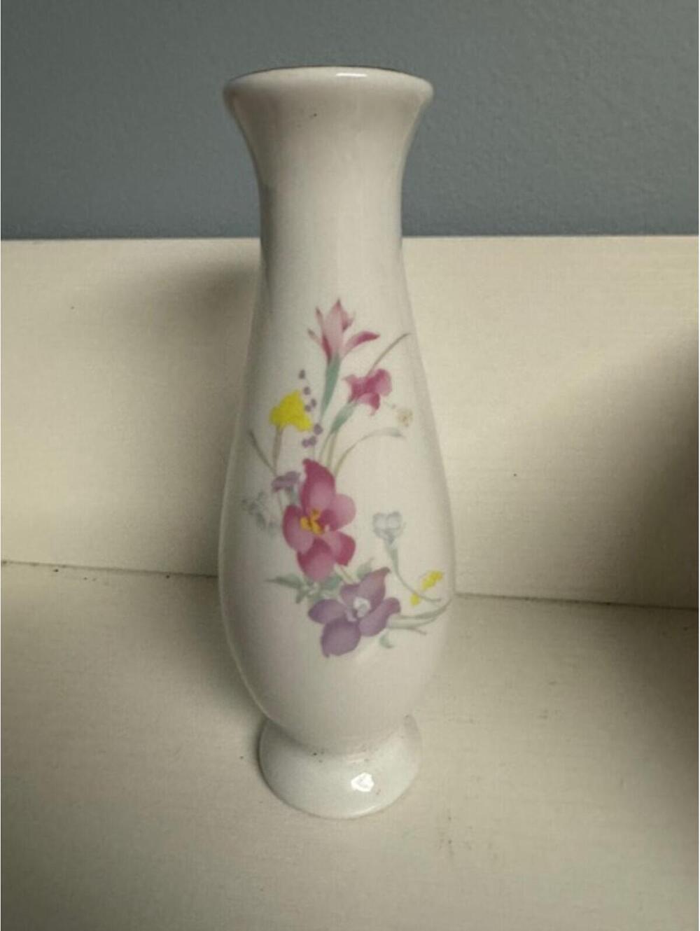 Vintage Floral Ceramic Vase with Gold Rim - Approx. 7.5 inches Tall